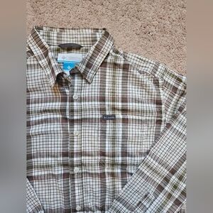 Columbia Cotton Shirt Mens Large Brown White Plaid Long Sleeve Button Outdoor
